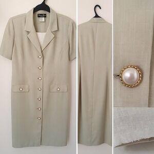 Stuart Alan Shirt Dress Sz 14 Made in USA Beige Pearl Button Classic 90s Momcore
